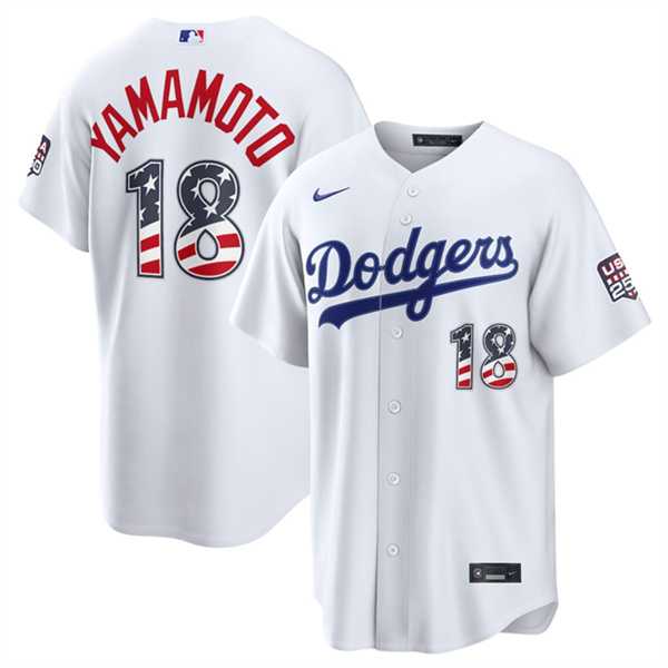 Men%27s Los Angeles Dodgers #18 Yoshinobu Yamamoto White USA 250 Fourth of July Home Stitched Jersey Dzhi
