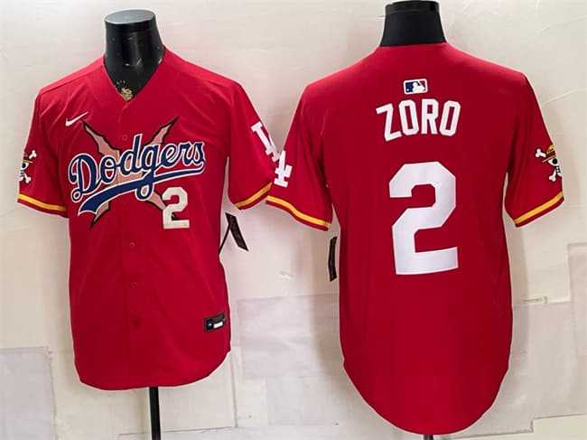 Men%27s Los Angeles Dodgers x One Piece #2 Zoro Red Vapor Premier Limited Stitched Jersey