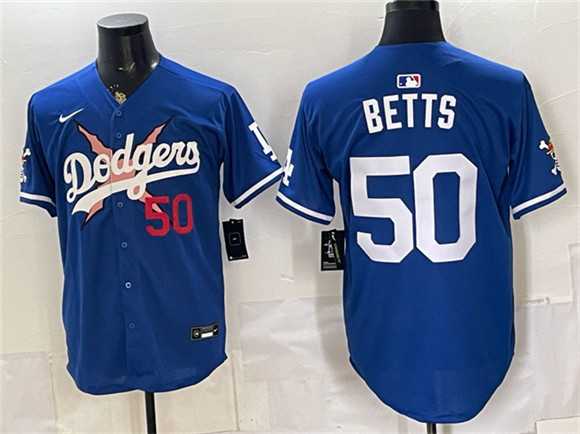 Men%27s Los Angeles Dodgers x One Piece #50 Mookie Betts Royal Vapor Premier Limited Stitched Jersey
