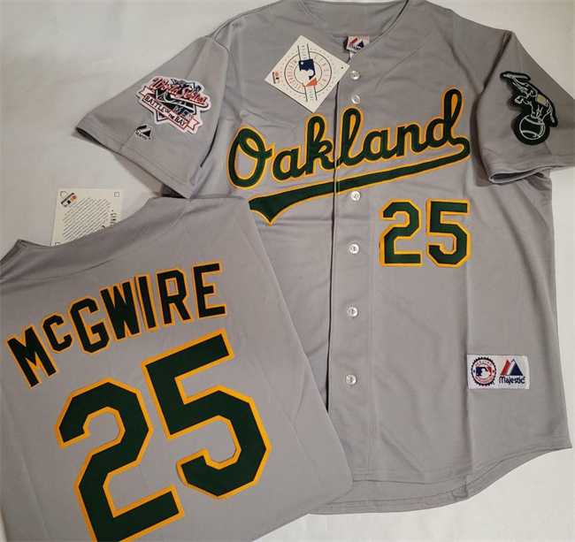 Men%27s Oakland Athletics #25 Mark McGwire Grey With Green Elephant & 1989 World Series Patch Battle of the Bay Stitched Jersey
