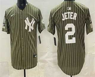 Men%27s New York Yankees #2 Derek Jeter Olive Pinstripe 2026 Armed Forces Day Salute To Service Jersey Dzhi