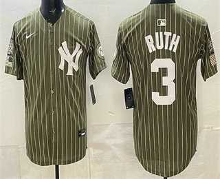 Men%27s New York Yankees #3 Babe Ruth Olive Pinstripe 2026 Armed Forces Day Salute To Service Jersey Dzhi