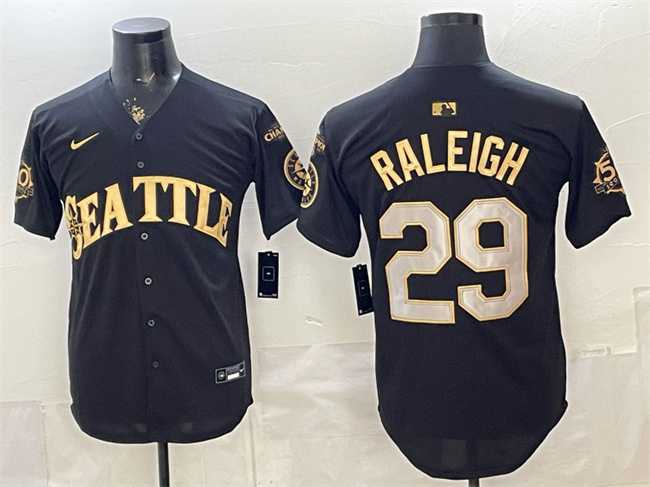 Men%27s Seattle Mariners #29 Cal Raleigh Black Gold 50th Anniversary & AL West Division Champions Patch Vapor Limited Stitched Jersey