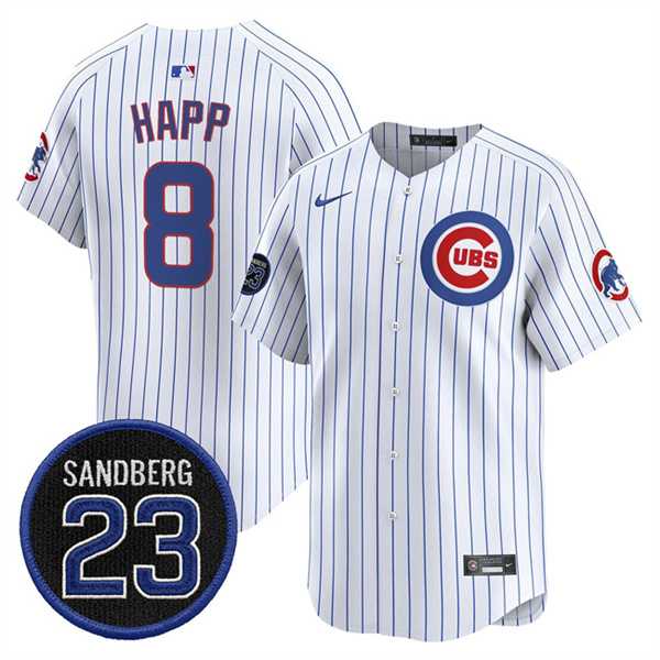 Men%27s Chicago Cubs #8 lan Happ White Pinstripe %27Ryne Sandberg Tribute%27 Vapor Limited V2 Stitched Jersey Dzhi