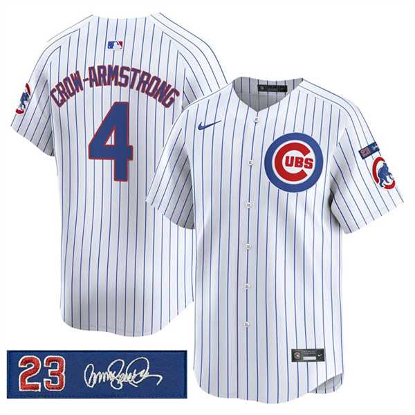 Men%27s Chicago Cubs #4 Pete Crow-Armstrong White Pinstripe %27Ryne Sandberg Tribute%27 Vapor Limited V3 Stitched Jersey Dzhi