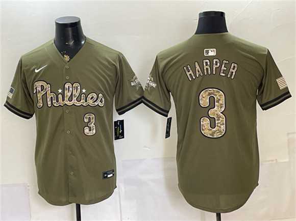 Men%27s Philadelphia Phillies #3 Bryce Harper Olive 2026 Armed Forces Day Stitched Jersey Dzhi