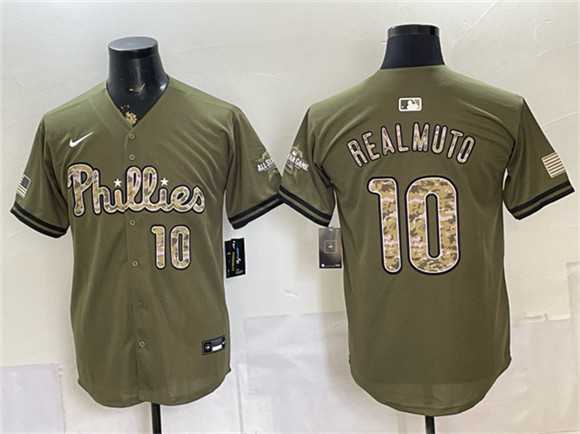 Men%27s Philadelphia Phillies #10 J.T. Realmuto Olive 2026 Armed Forces Day Stitched Jersey Dzhi