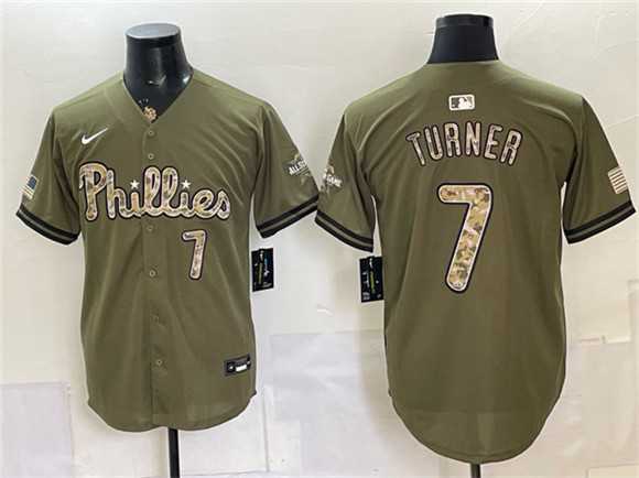 Men%27s Philadelphia Phillies #7 Trea Turner Olive 2026 Armed Forces Day Stitched Jersey Dzhi