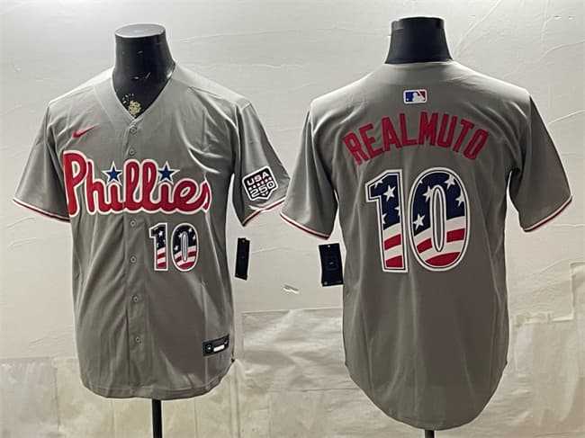 Men%27s Philadelphia Phillies #10 J.T. Realmuto Gray USA 250 Fourth of July Home Stitched Jersey1 Dzhi