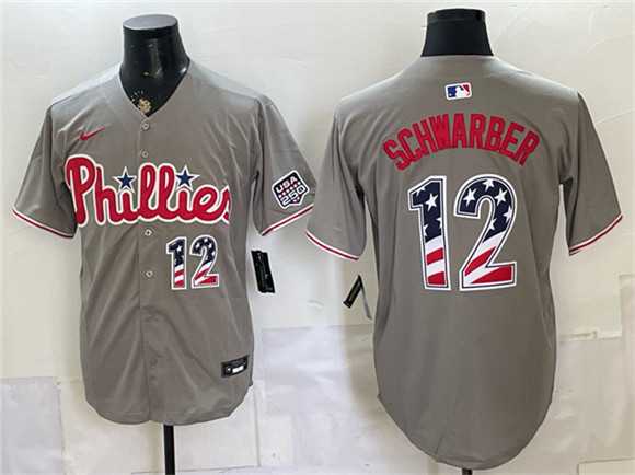 Men%27s Philadelphia Phillies #12 Kyle Schwarber Gray USA 250 Fourth of July Home Stitched Jersey Dzhi
