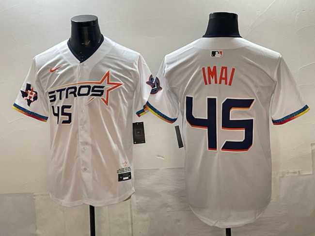Men%27s Houston Astros #45 Tatsuya Imai White 2025 City Connect With Texas Patch Limited Stitched Jersey