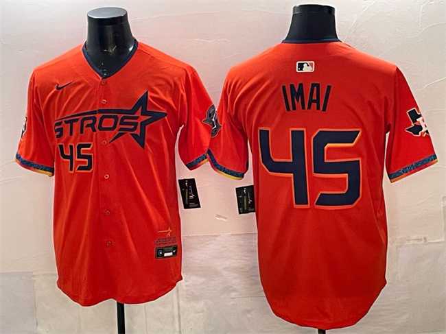 Men%27s Houston Astros #45 Tatsuya Imai Orange 2025 City Connect With Texas Patch Limited Stitched Jersey