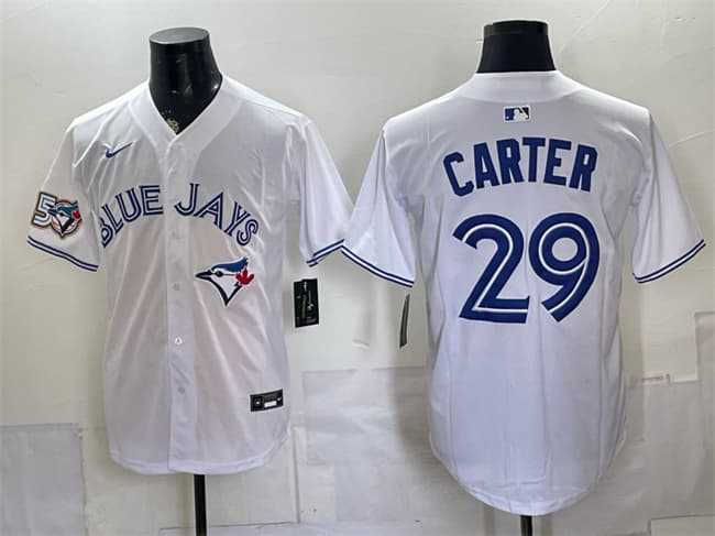 Men%27s Toronto Blue Jays #29 Joe Carter White 50 Seasons Patch Stitched Jersey