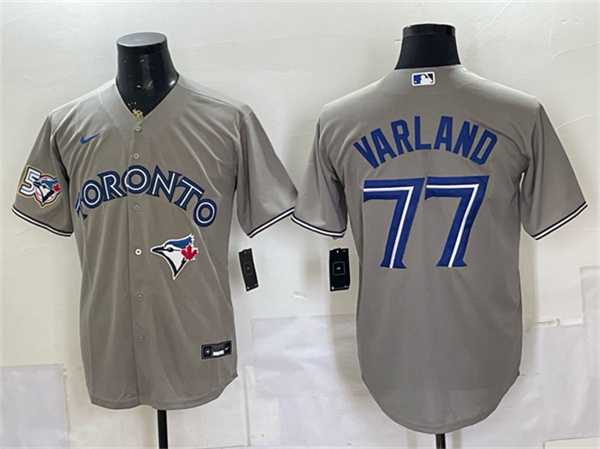 Men%27s Toronto Blue Jays #77 Louis Varland Gray 50 Seasons Patch Stitched Jersey