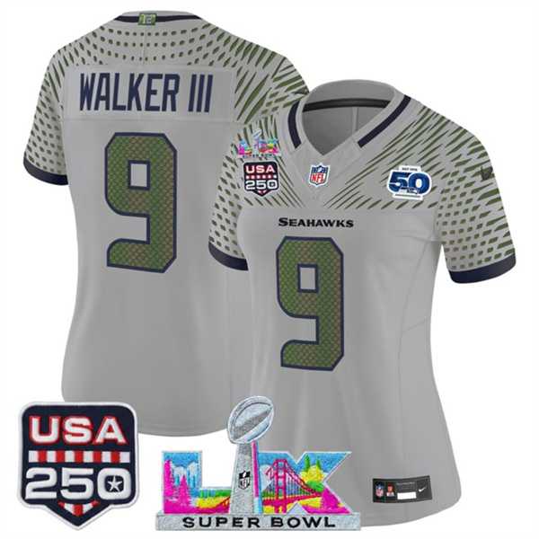 Women%27s Seattle Seahawks #9 Kenneth Walker III Gray 2025 F.U.S.E. Super Bowl LX & US 250th anniversary Patch And 50th Season Patch Rivalries Vapor Limited Stitched Jersey