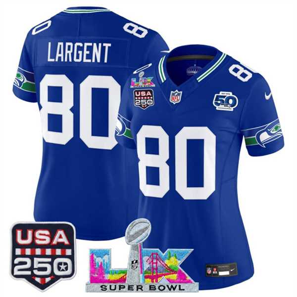 Women%27s Seattle Seahawks #80 Steve Largent Royal 2025 F.U.S.E. Super Bowl LX Patch And 50th Season & USA 250%27 Patch Vapor Throwback Limited Stitched Je