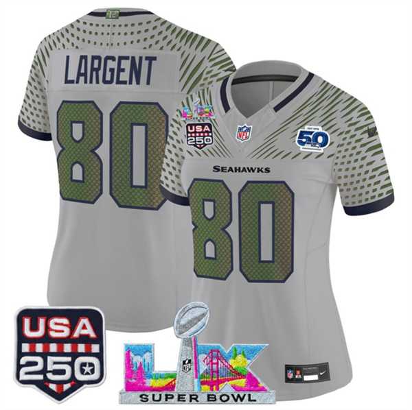 Women%27s Seattle Seahawks #80 Steve Largent Gray 2025 F.U.S.E. Super Bowl LX & US 250th anniversary Patch And 50th Season Patch Rivalries Vapor Limited Stitched Jersey