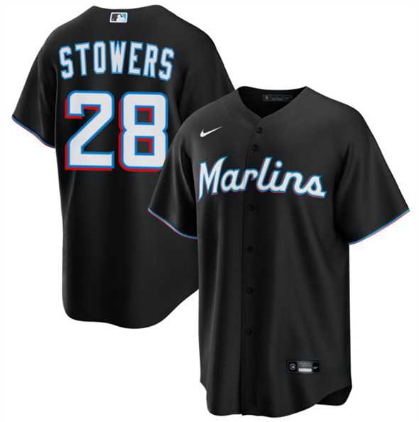 Men%27s Miami Marlins #28 Kyle Stowers Black Cool Base Stitched Jersey Dzhi