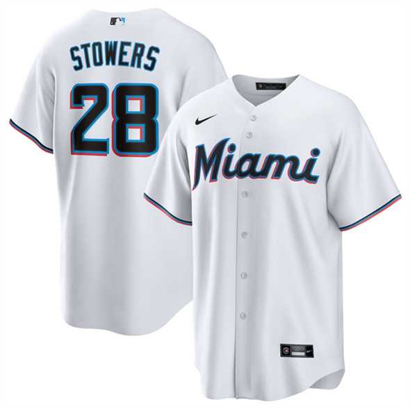 Men%27s Miami Marlins #28 Kyle Stowers White Cool Base Stitched Jersey Dzhi
