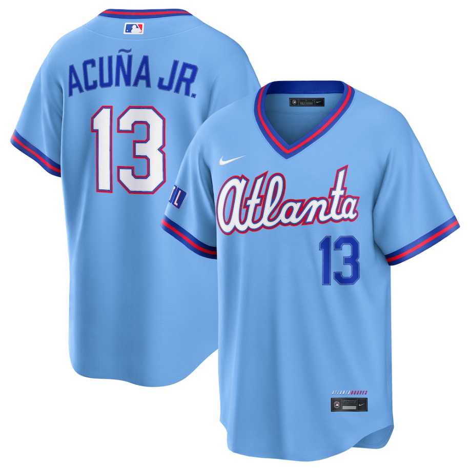 Men%27s Atlanta Braves #13 Ronald Acuna Jr. Powder Blue 2026 City Connect Stadium Stitched Jersey