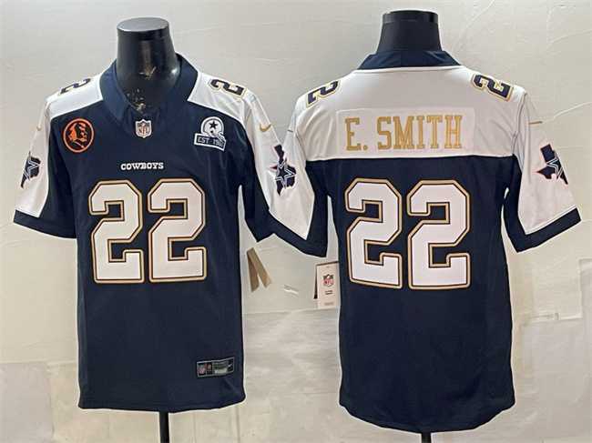 Men%27s Dallas Cowboys #22 Emmitt Smith Navy F.U.S.E. With John Madden Patch & Established In 1960 Patch Thanksgiving Vapor Limited Stitched Jersey