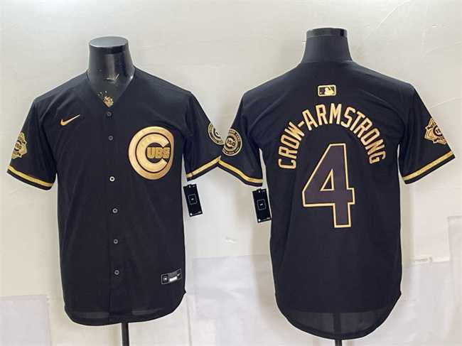 Men%27s Chicago Cubs #4 Pete Crow-Armstrong Black Gold 150th Anniversary Patch Stitched Jersey Dzhi