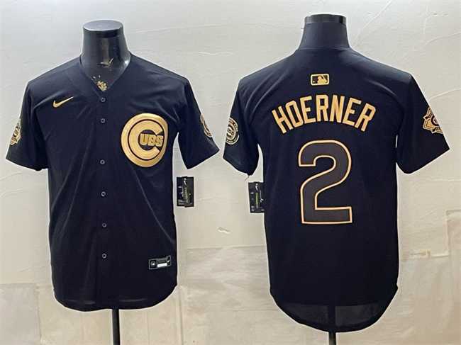 Men%27s Chicago Cubs #2 Nico Hoerner Black Gold 150th Anniversary Patch Stitched Jersey Dzhi
