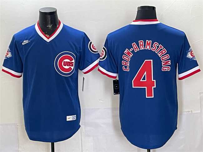 Men%27s Chicago Cubs #4 Pete Crow-Armstrong Royal 150th Anniversary Throwback Vapor Limited Stitched Jersey