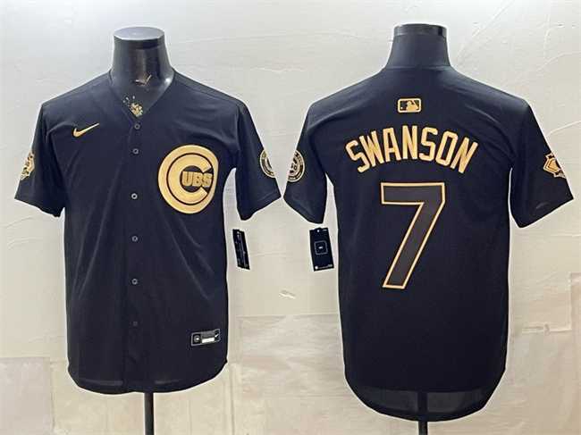Men%27s Chicago Cubs #7 Dansby Swanson Black Gold 150th Anniversary Patch Stitched Jersey Dzhi