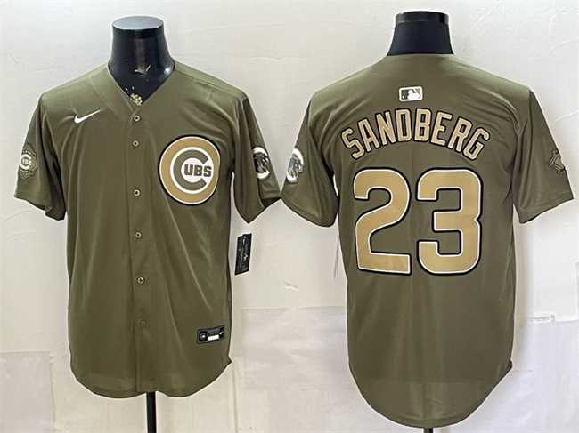 Men%27s Chicago Cubs #23 Ryne Sandberg Olive 2026 Armed Forces Day Stitched Jersey Dzhi