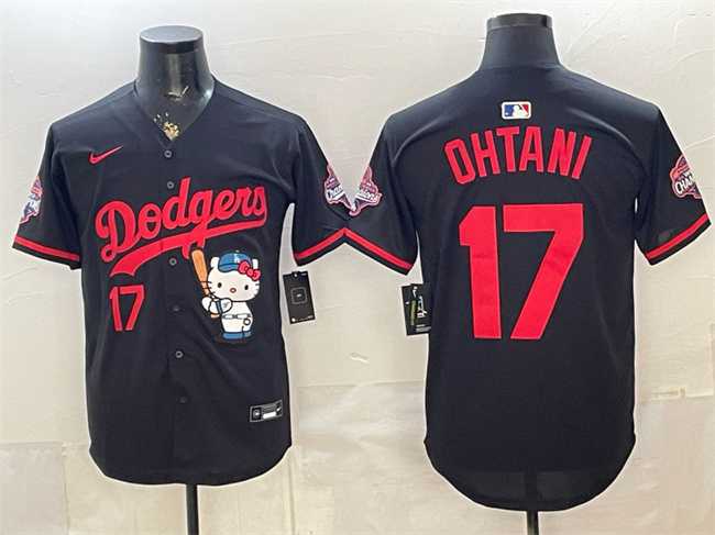 Men%27s Los Angeles Dodgers #17 Shohei Ohtani Black Hello Kitty Night 2025 World Series Champions Patch Stitched Jersey Dzhi