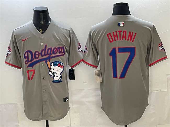 Men%27s Los Angeles Dodgers #17 Shohei Ohtani Grey Hello Kitty Night 2025 World Series Champions Patch Stitched Jersey Dzhi