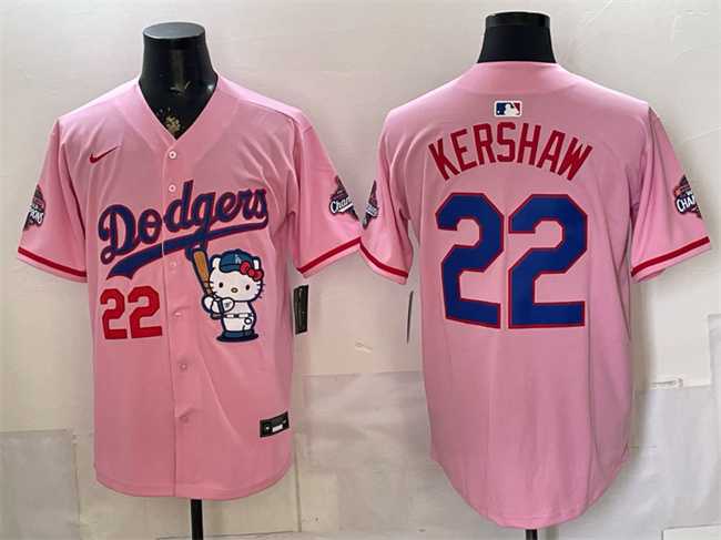 Men%27s Los Angeles Dodgers #22 Clayton Kershaw Pink Hello Kitty Night 2025 World Series Champions Patch Stitched Jersey Dzhi