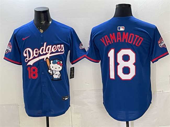 Men%27s Los Angeles Dodgers #18 Yoshinobu Yamamoto Royal Hello Kitty Night 2025 World Series Champions Patch Stitched Jersey Dzhi