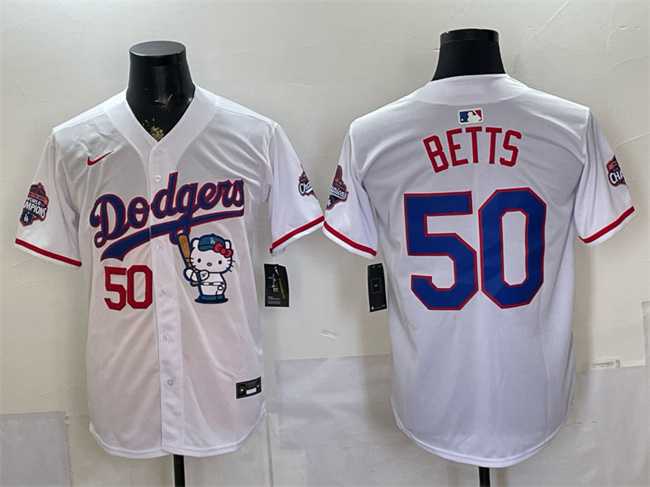 Men%27s Los Angeles Dodgers #50 Mookie Betts White Hello Kitty Night 2025 World Series Champions Patch Stitched Jersey Dzhi