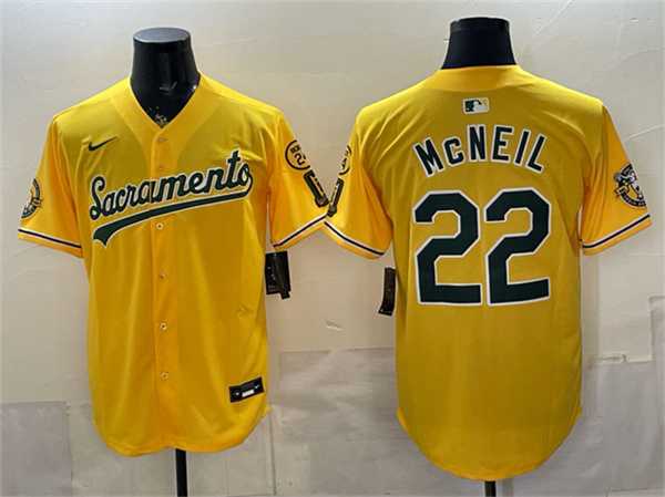 Men%27s Oakland Athletics #22 Jeff McNeil 2026 Yellow Alternate Sacramento Celebrating 125 Years Vapor Limited Stitched Jersey
