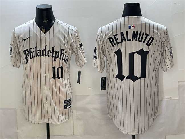 Men%27s Philadelphia Phillies #10 J.T. Realmuto Cream Pinstripe Gothic Vapor Limited Stitched Jersey