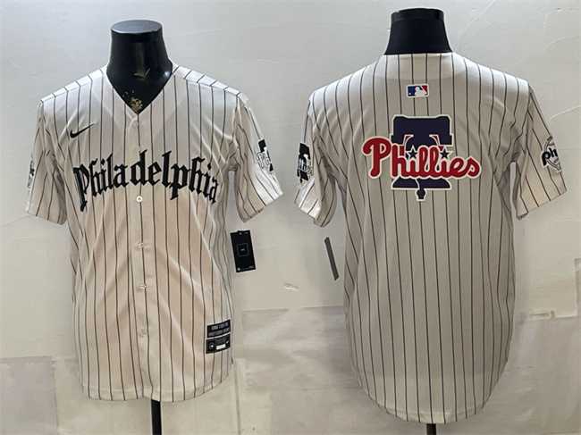 Men%27s Philadelphia Phillies Team Big Logo Cream Pinstripe Gothic Vapor Limited Stitched Jersey Dzhi