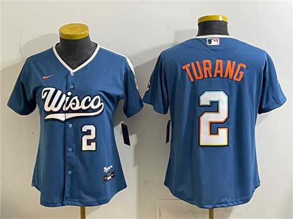 Women%27s Milwaukee Brewers #2 Brice Turang Mineral Blue 2026 City Connect Stadium Stitched Jersey