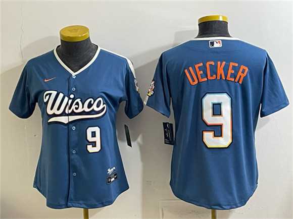 Women%27s Milwaukee Brewers #9 Bob Uecker Mineral Blue 2026 City Connect Stadium Stitched Jersey