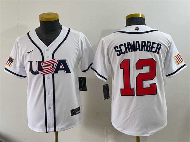 Youth USA Baseball #12 Kyle Schwarber White 2026 World Baseball Classic Home Stadium Stitched Jersey