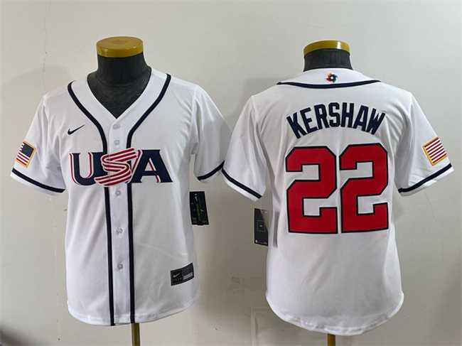 Youth USA Baseball #22 Clayton Kershaw White 2026 World Baseball Classic Home Stadium Stitched Jersey