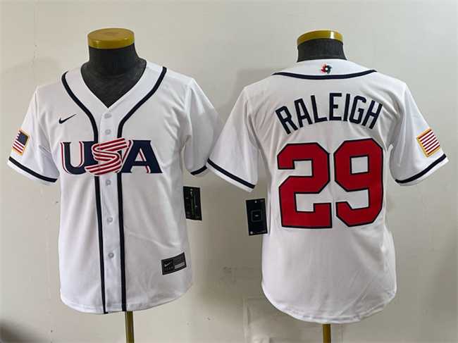 Youth USA Baseball #29 Cal Raleigh White 2026 World Baseball Classic Home Stadium Stitched Jersey