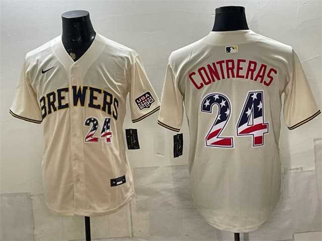 Men%27s Milwaukee Brewers #24 William Contreras Cream 2026 USA 250 Fourth of July Home Stadium Stitched Jersey Dzhi