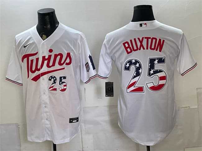 Men%27s Minnesota Twins #25 Byron Buxton White 2026 USA 250 Fourth of July Stitched Jersey Dzhi