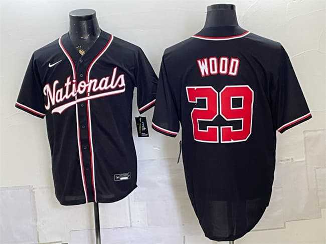 Men%27s Washington Nationals #29 James Wood 2026 Fashion Replica Black Out Stitched Jersey