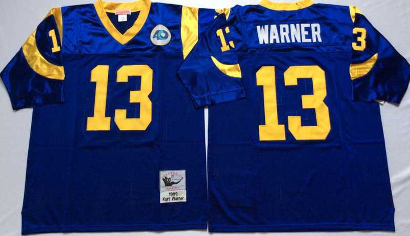 Men%27s Rams #13 Kurt Warner Blue Throwback Stitched Football Jersey