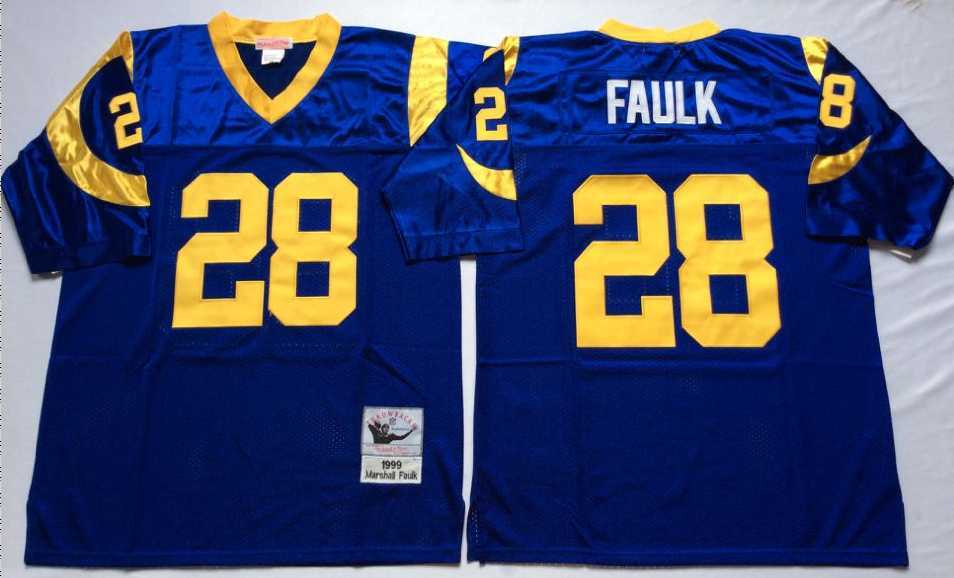 Men%27s Rams #28 Marshall Faulk Blue Throwback Stitched Football Jersey