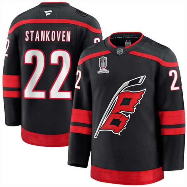 Men%27s Carolina Hurricanes #22 Logan Stankoven Black 2026 Stanley Cup Champions Home Stitched Jersey Dzhi