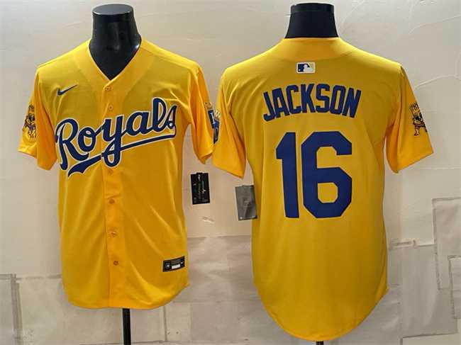 Men%27s Kansas City Royals #16 Bo Jackson Gold Sluggerrr Patch Vapor Limited Stitched Jersey